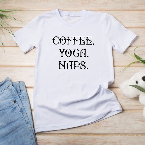 Unisex 'Coffee, Yoga, Naps' T-Shirt - Perfect for Coffee Lovers