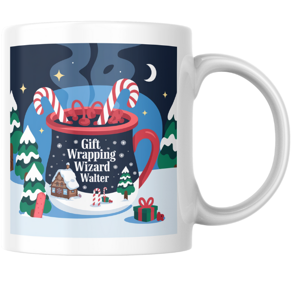 Shop the Personalized Christmas Mug Featuring Gift Wrapping Wizard Walter - Double-Sided Print