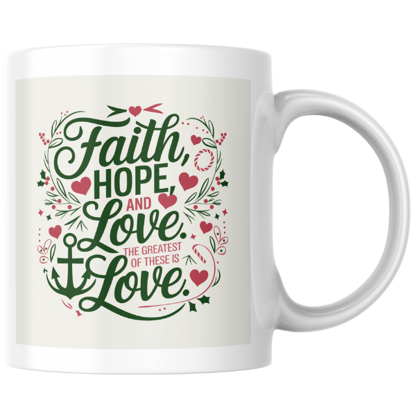 Shop the "Faith, Hope, and Love" Christmas Mug - Double-Sided Print for Festive Cheer