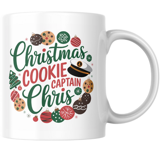 Shop Personalized Christmas Mug Featuring Captain Chris - Double-Sided Print Holiday Cookie Design