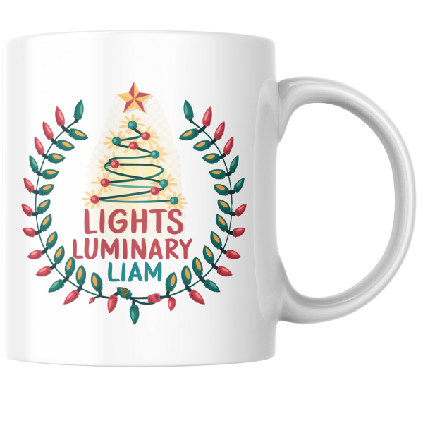 Shop the Personalized Christmas Mug by Lights Luminary Liam - Double-Sided Print for Festive Cheer