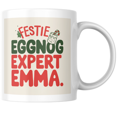 Shop the Personalized Christmas Mug by Eggnog Expert Emma - Double-Sided Print for Festive Cheer