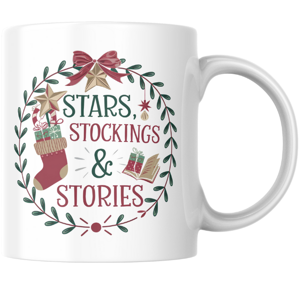 Shop the Family Christmas Mug: Stars, Stockings, & Stories Design - Double-Sided Print