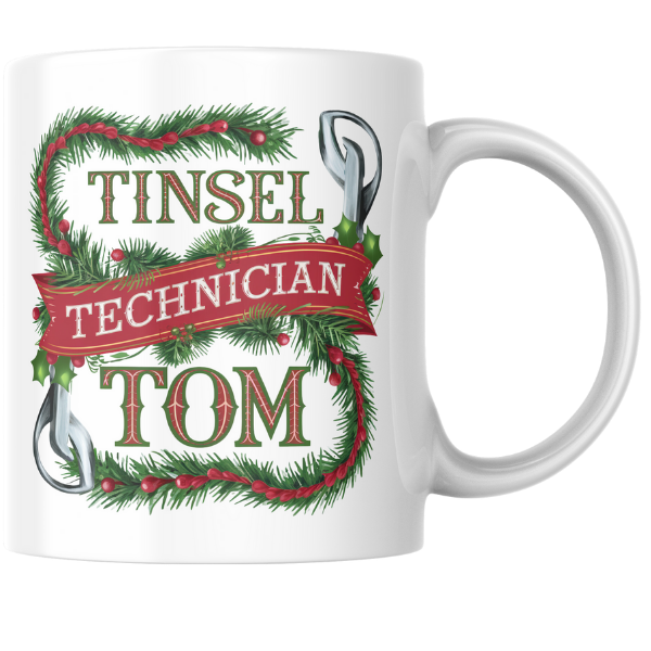 Shop the Personalized "Tinsel Technician Tom" Christmas Mug - Double-Sided Print