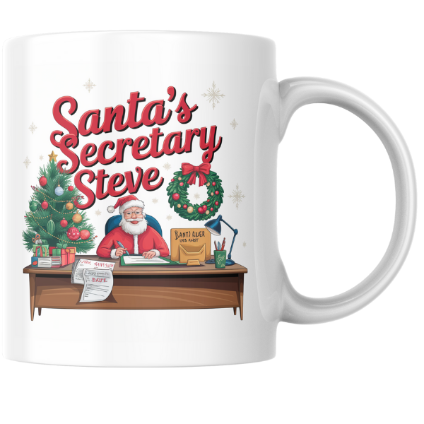 Shop Personalized Christmas Mug Featuring Santa's Secretary Steve - Double-Sided Print