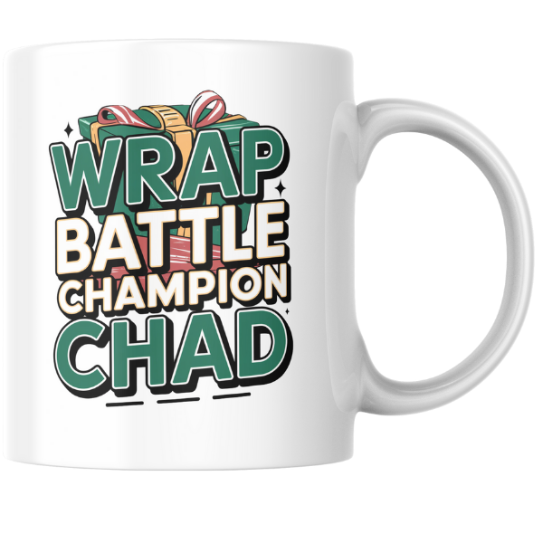 Shop the Personalized "Wrap Battle Champion Chad" Christmas Mug – Double-Sided Print