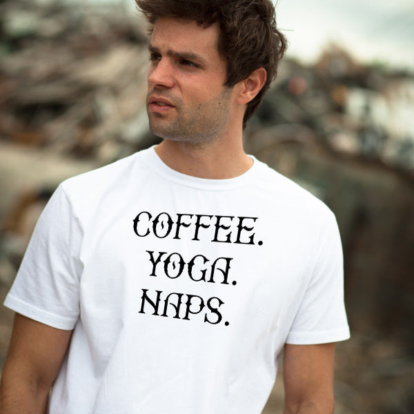 Unisex 'Coffee, Yoga, Naps' T-Shirt - Perfect for Coffee Lovers