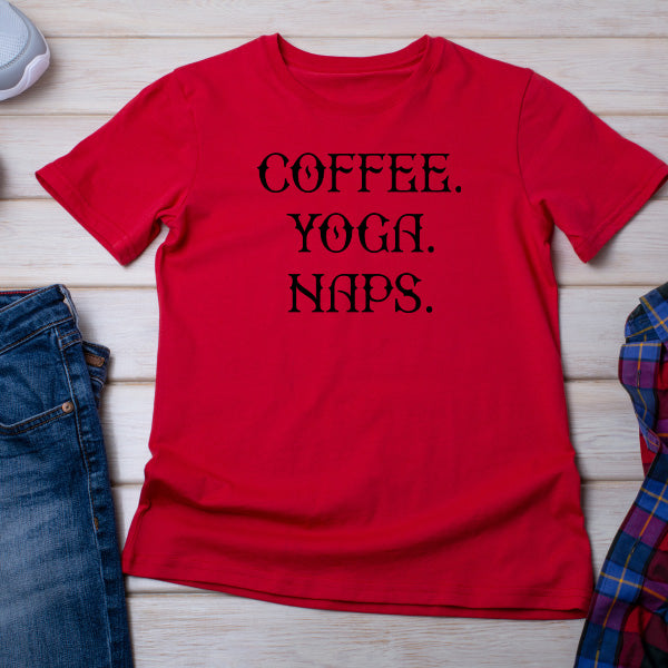 Unisex 'Coffee, Yoga, Naps' T-Shirt - Perfect for Coffee Lovers