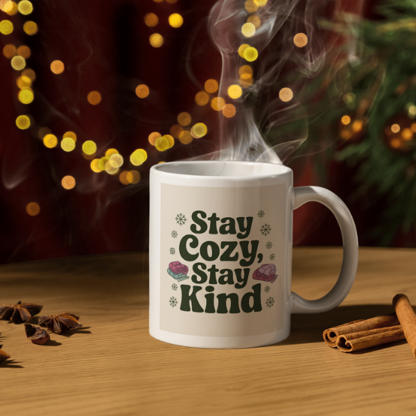 Shop the "Stay Cozy, Stay Kind" Christmas Mug - Perfect for Holiday Warmth and Cheer