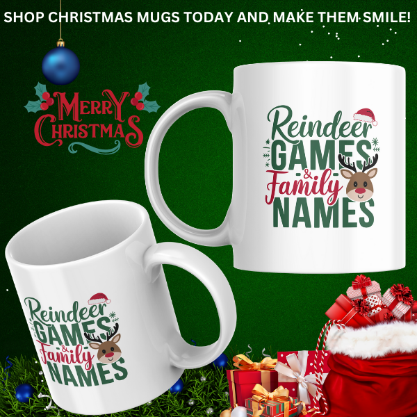 Shop Festive Reindeer Games & Personalized Family Names Christmas Mug - Double-Sided Print