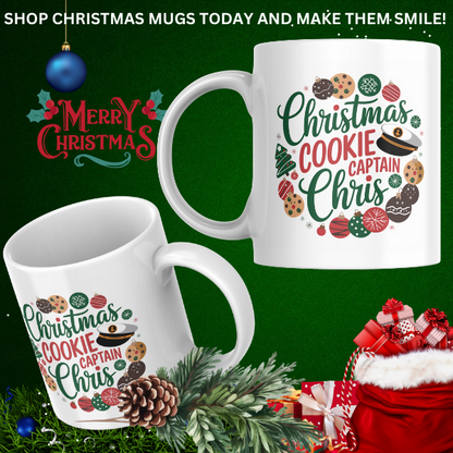 Shop Personalized Christmas Mug Featuring Captain Chris - Double-Sided Print Holiday Cookie Design