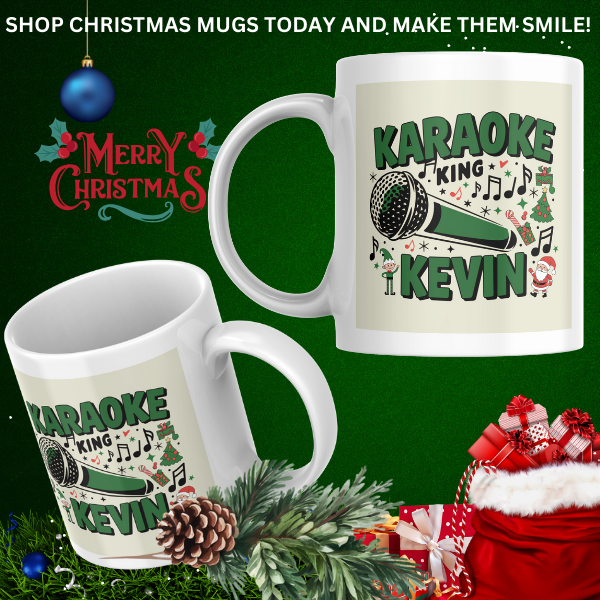 Shop the Personalized "Karaoke King Kevin" Christmas Mug - Double-Sided Print