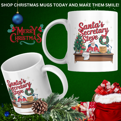 Shop Personalized Christmas Mug Featuring Santa's Secretary Steve - Double-Sided Print