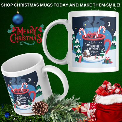 Shop the Personalized Christmas Mug Featuring Gift Wrapping Wizard Walter - Double-Sided Print