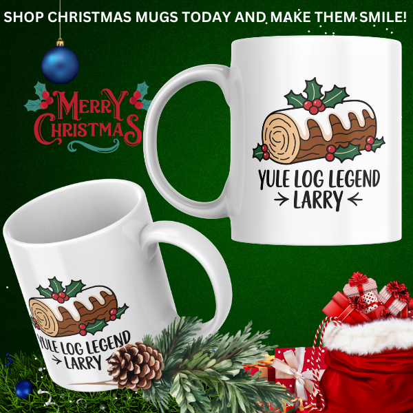 Shop the Personalized Yule Log Legend Larry Christmas Mug - Double-Sided Print