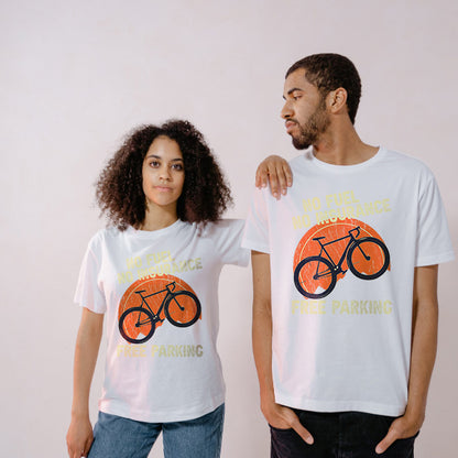 Unisex T-Shirt: No Fuel, No Insurance, Free Parking | Bicycle Adventures