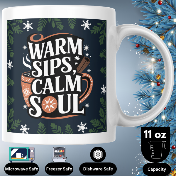 Shop the "Warm Sips, Calm Soul" Christmas Mug for a Cozy Holiday Experience