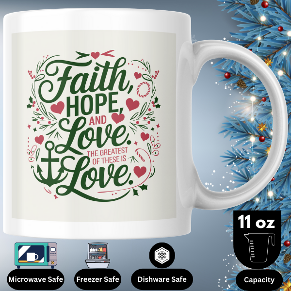 Shop the "Faith, Hope, and Love" Christmas Mug - Double-Sided Print for Festive Cheer