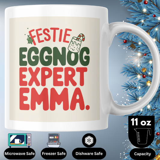 Shop the Personalized Christmas Mug by Eggnog Expert Emma - Double-Sided Print for Festive Cheer