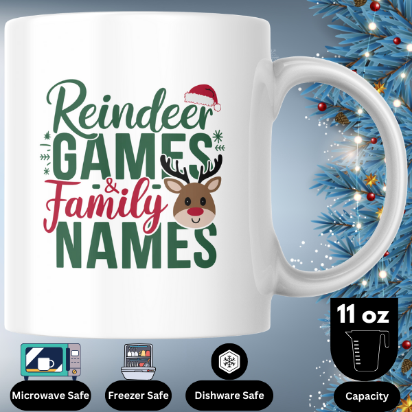 Shop Festive Reindeer Games & Personalized Family Names Christmas Mug - Double-Sided Print