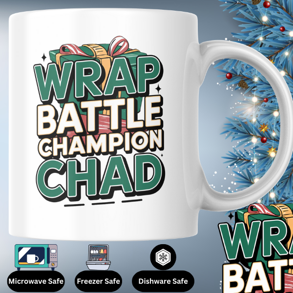 Shop the Personalized "Wrap Battle Champion Chad" Christmas Mug – Double-Sided Print