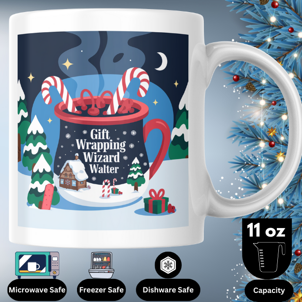 Shop the Personalized Christmas Mug Featuring Gift Wrapping Wizard Walter - Double-Sided Print