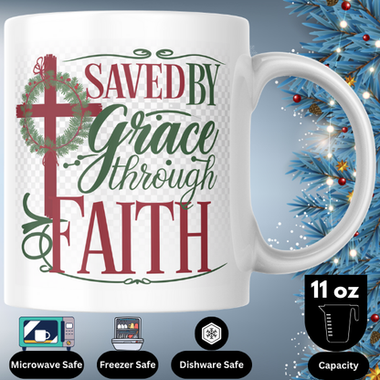 Shop the "Saved by Grace Through Faith" Christmas Mug – Double-Sided Print for Festive Inspiration