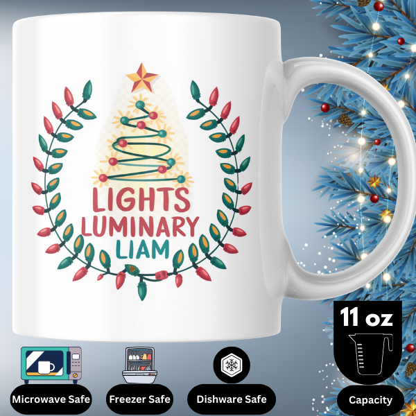 Shop the Personalized Christmas Mug by Lights Luminary Liam - Double-Sided Print for Festive Cheer