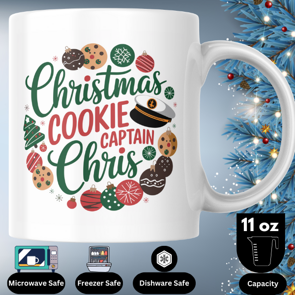 Shop Personalized Christmas Mug Featuring Captain Chris - Double-Sided Print Holiday Cookie Design