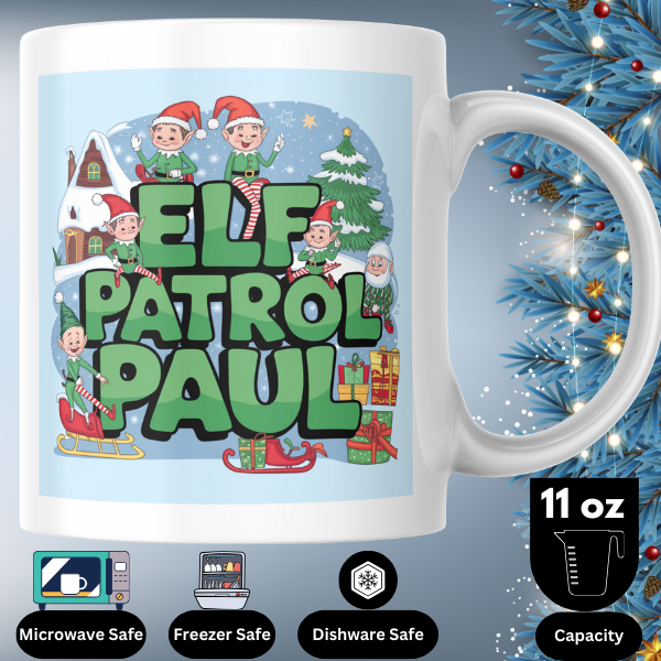 Shop Personalized Elf Patrol Paul Christmas Mug - Double-Sided Print