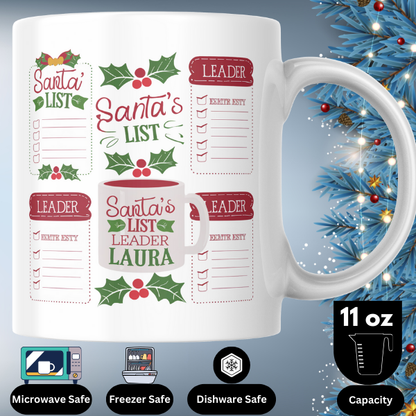 Shop the Personalized "Santa's List Leader Laura" Christmas Mug - Double-Sided Print