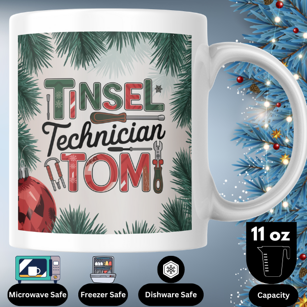 Shop the Tinsel Technician Tom V3 Personalized Christmas Mug - Double-Sided Print