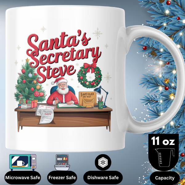 Shop Personalized Christmas Mug Featuring Santa's Secretary Steve - Double-Sided Print