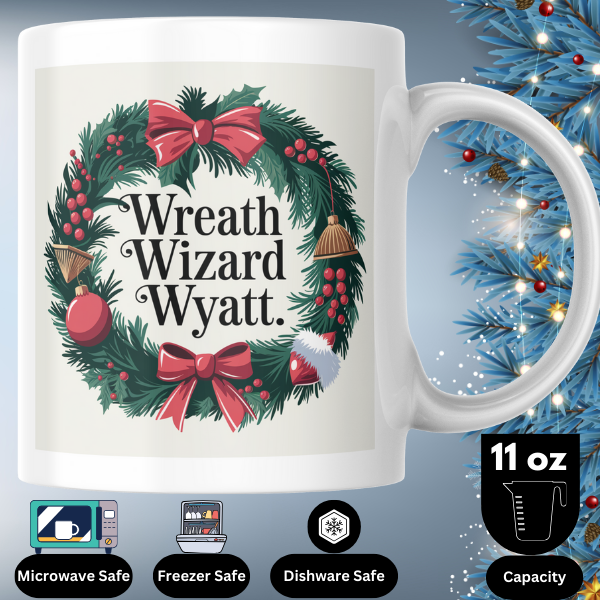 Shop the Wreath Wizard Wyatt V2: Personalized Christmas Mug with Double-Sided Print