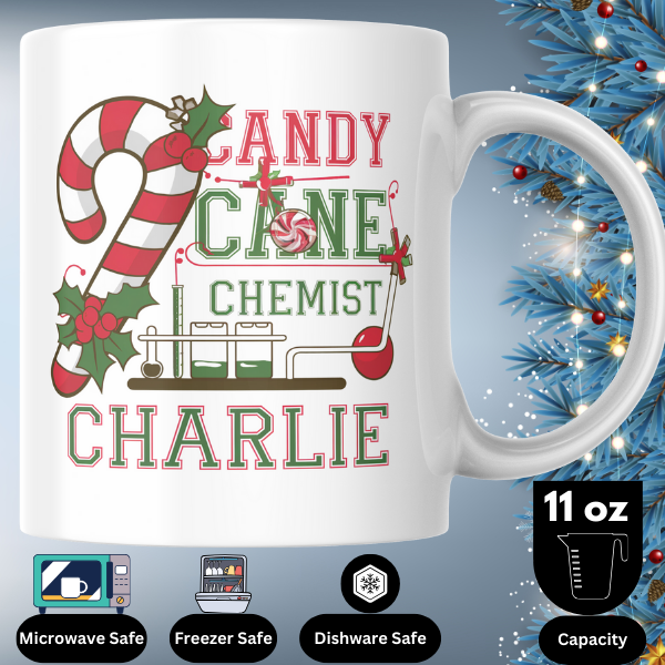 Shop the Personalized Candy Cane Chemist Charlie Christmas Mug - Double-Sided Print