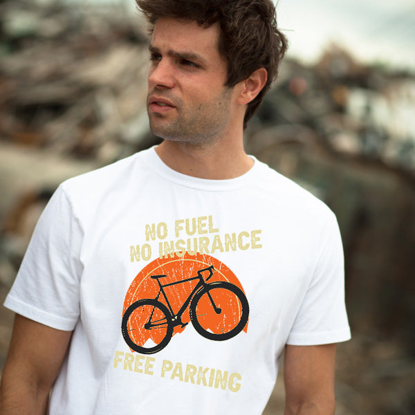 Unisex T-Shirt: No Fuel, No Insurance, Free Parking | Bicycle Adventures