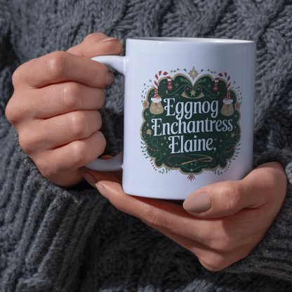 Shop the Personalized Eggnog Enchantress Elaine Christmas Mug – Double-Sided Print