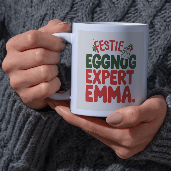 Shop the Personalized Christmas Mug by Eggnog Expert Emma - Double-Sided Print for Festive Cheer