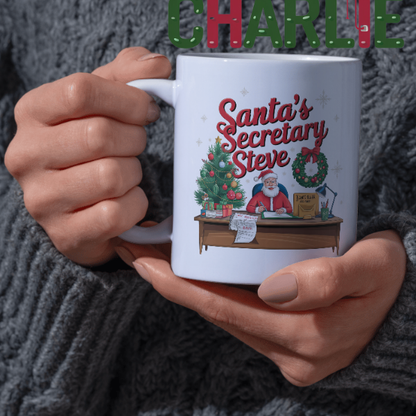 Shop Personalized Christmas Mug Featuring Santa's Secretary Steve - Double-Sided Print