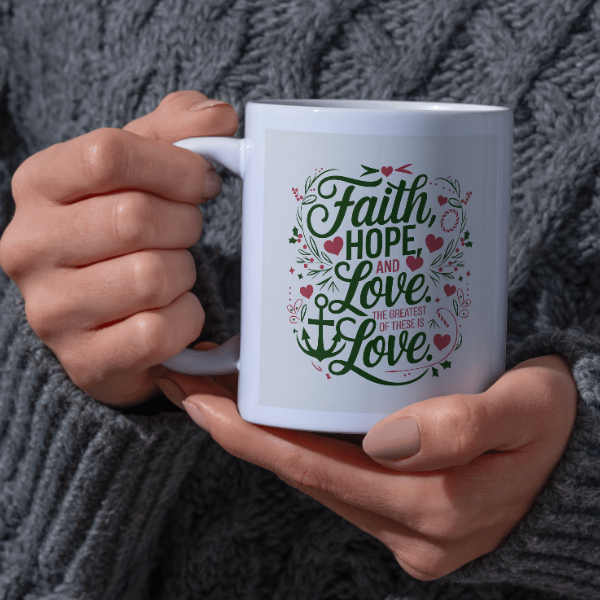 Shop the "Faith, Hope, and Love" Christmas Mug - Double-Sided Print for Festive Cheer