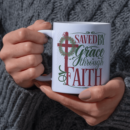 Shop the "Saved by Grace Through Faith" Christmas Mug – Double-Sided Print for Festive Inspiration