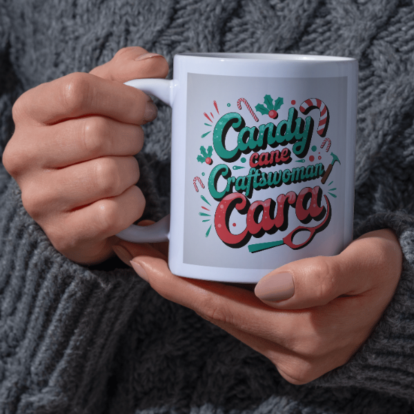 Shop the Candy Cane Craftswoman Cara V2 - Personalized Christmas Mug with Dual-Sided Print