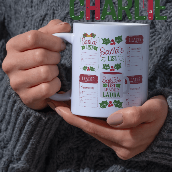 Shop the Personalized "Santa's List Leader Laura" Christmas Mug - Double-Sided Print