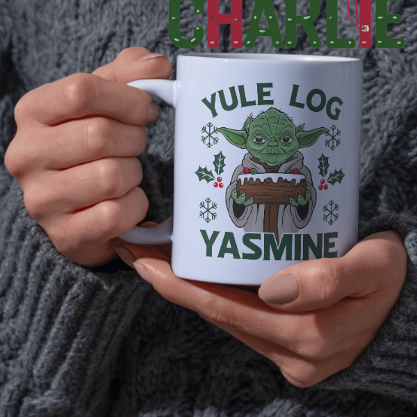 Shop the Personalized Yule Log Yoda Yasmine Christmas Mug - Double-Sided Print