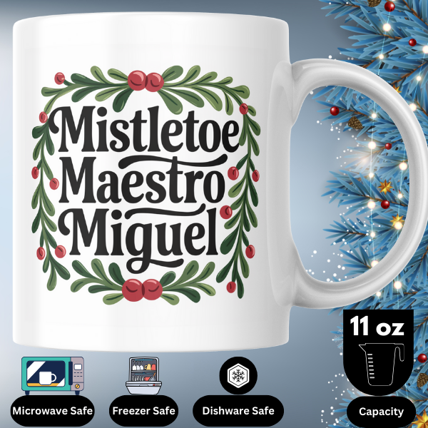 Shop the Personalized Mistletoe Maestro Miguel Christmas Mug - Double-Sided Print