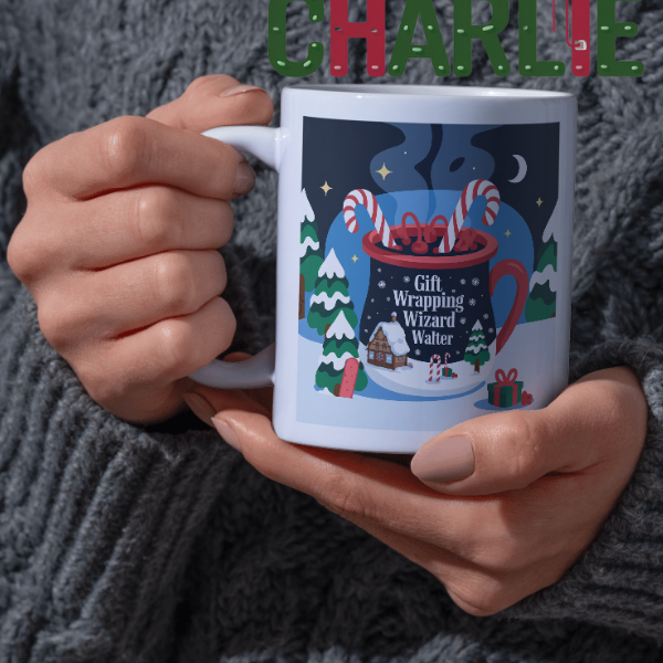 Shop the Personalized Christmas Mug Featuring Gift Wrapping Wizard Walter - Double-Sided Print