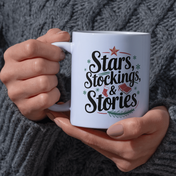 Shop the Family Christmas Mug: Stars, Stockings, & Stories Design - Double-Sided Print