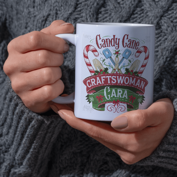 Shop Personalized Christmas Mug Featuring Candy Cane Craftswoman Cara - Double-Sided Print