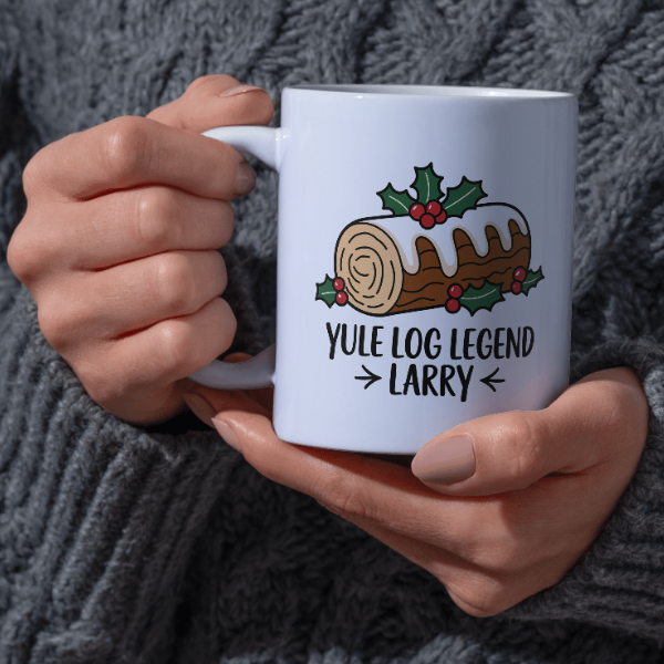 Shop the Personalized Yule Log Legend Larry Christmas Mug - Double-Sided Print