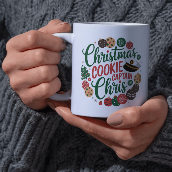 Shop Personalized Christmas Mug Featuring Captain Chris - Double-Sided Print Holiday Cookie Design